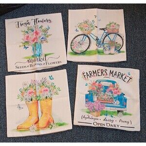 Set Of 4 Spring Decor Pillow Covers Square 17x17 Indoor Outdoor Burlap Look